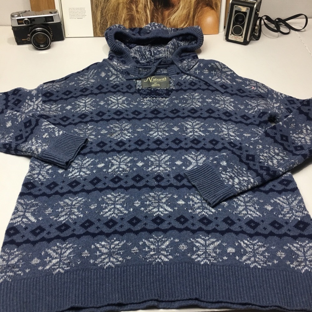 Fair Isle Nordic Hooded Sweater 100% Cotton Blue Cottagecore Cabin Core Pullover - Picture 3 of 8